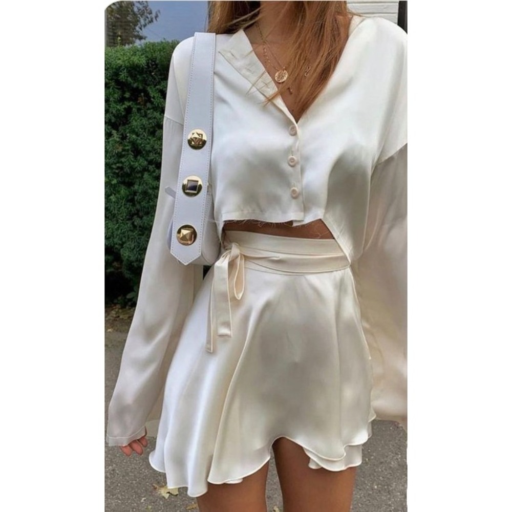 Commense White Satin Bell Sleeve Crop Top & Wrap Mini Skirt Set Size M - Picture 2 of 10